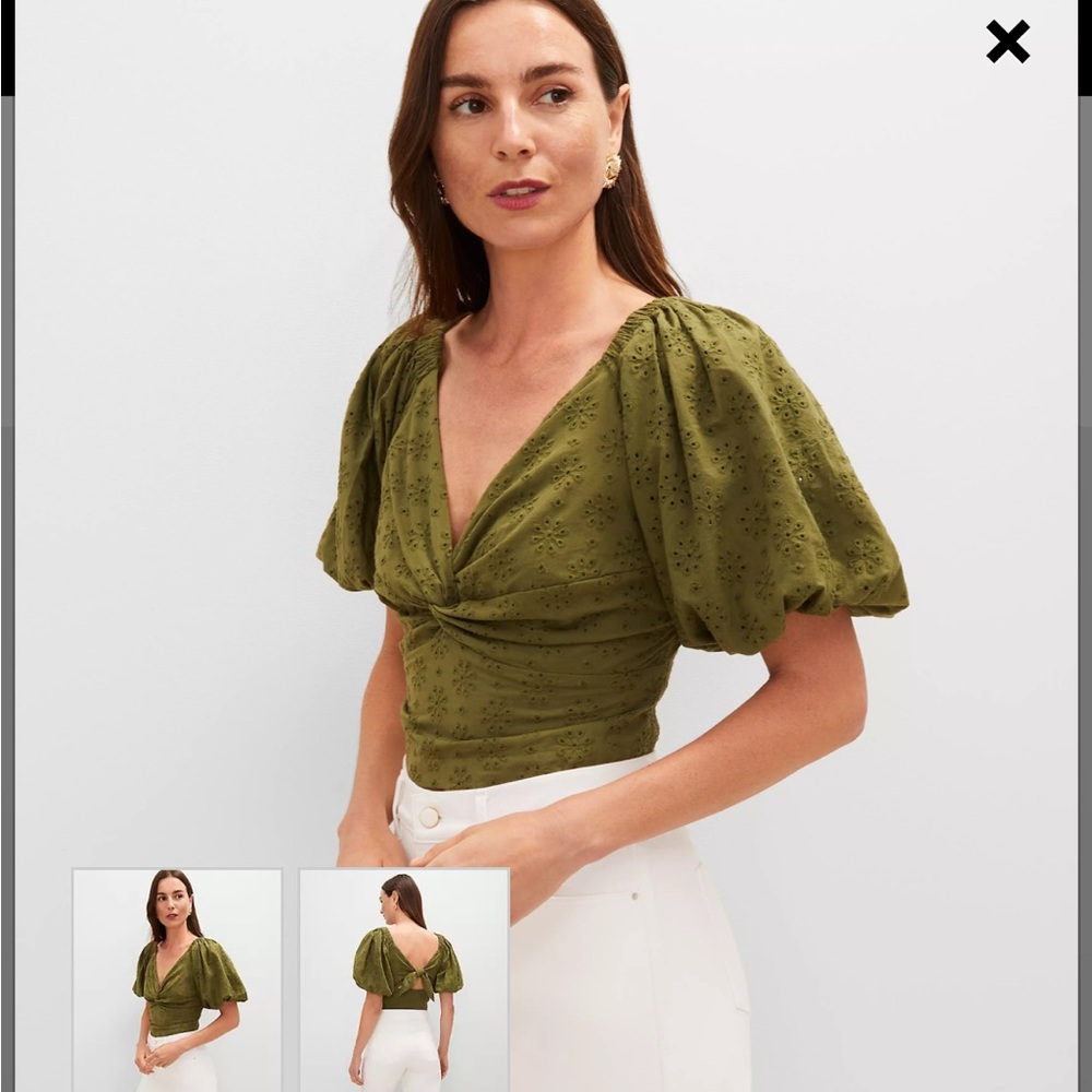 Ann Taylor Green Eyelet Puff Sleeve Blouse